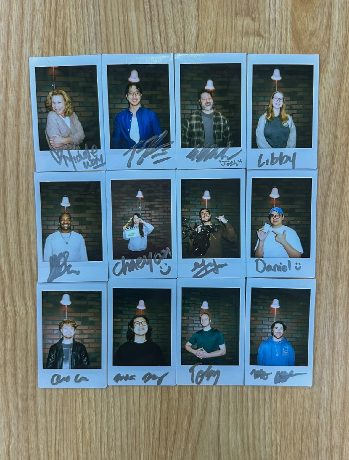 A collection of Polaroids of the cast and crew.